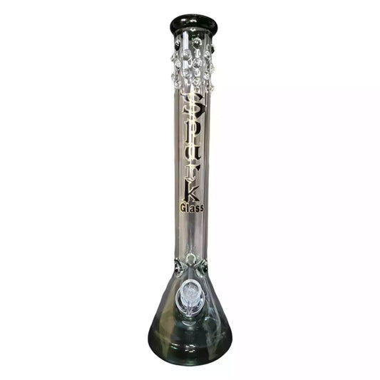 Front View, Glass Beaker Bong, beads decoration, Green, Height=18-inch Thickness=7mm Joint=18mm
