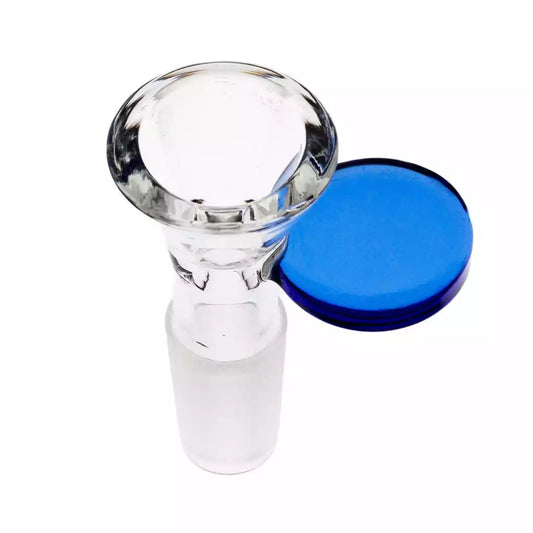 Top Angle View, Clear Bong Glass Herb Bowl Glass Bowl, Blue Coin Handle, 14mm